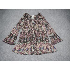 CJ Banks Blouse Button Up Shirt Women's Plus Size 1X Brown Purple Blue Geometric